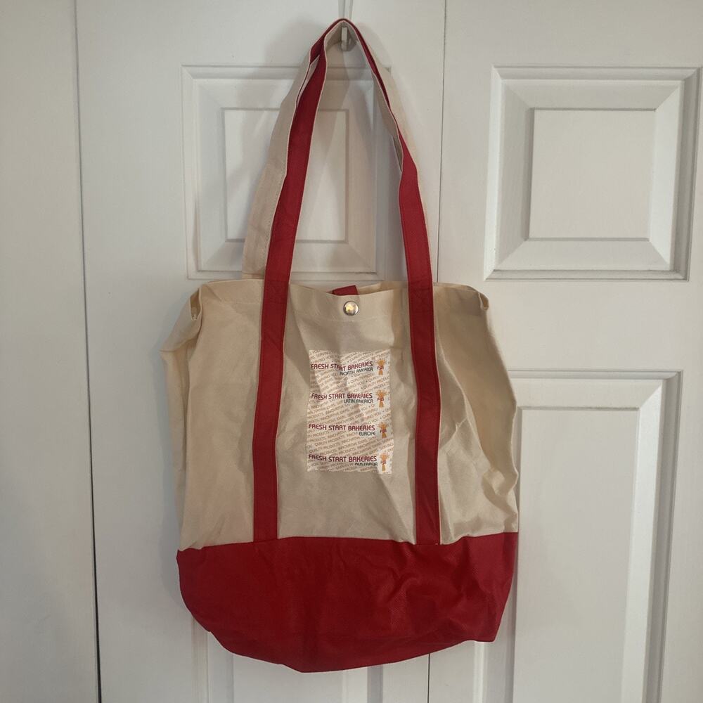 Red Fabric Lt Weigh Folding Tote Bag w/ handles & closure. Fresh Start Bakery